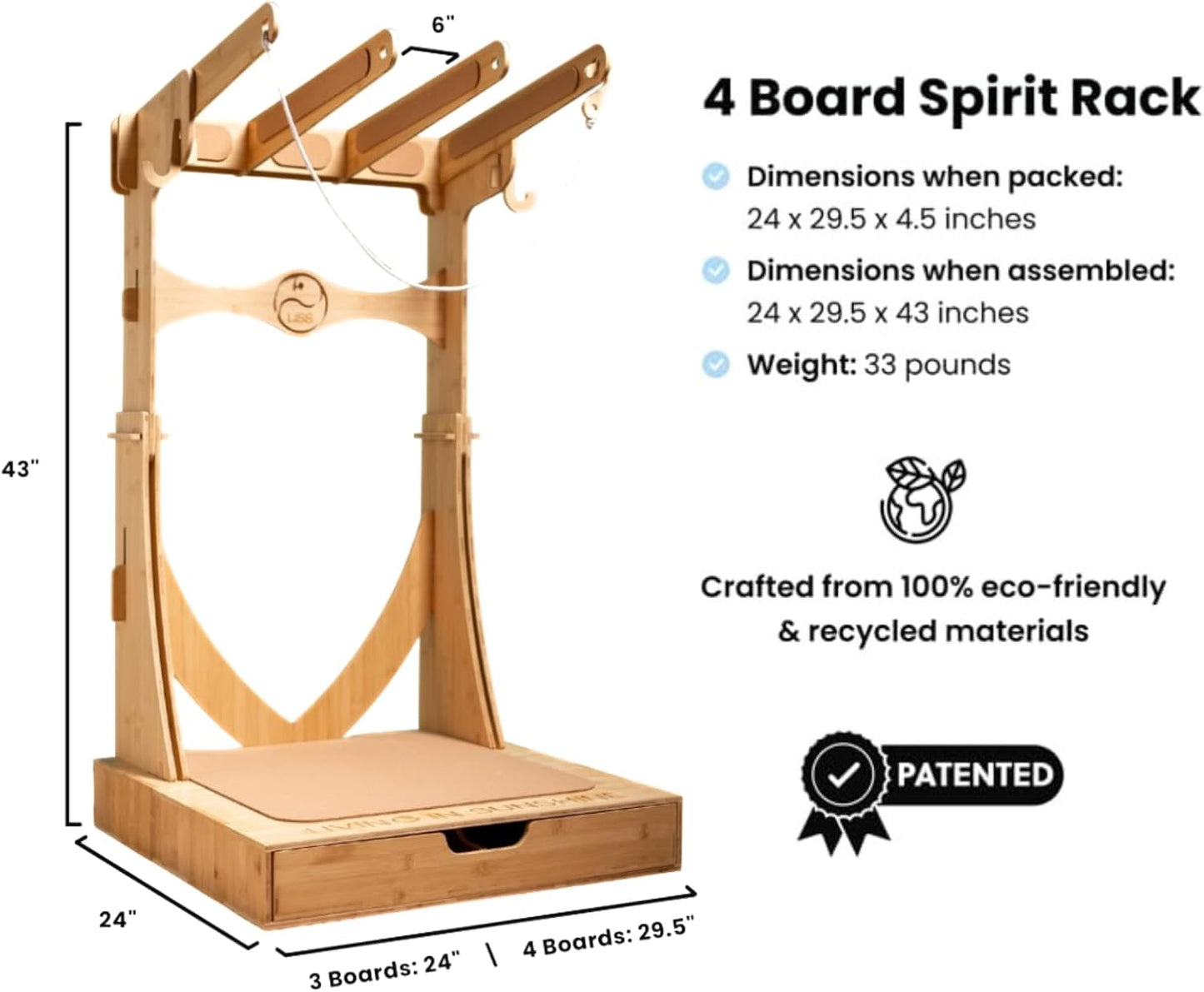 LISS Spirit Surfboard Rack Stand Holder for 3 & 4 Boards, Indoor Storage Display for Longboard, Shortboard, Snowboard, Wakeboard, Skateboard Up to 10Ft Long