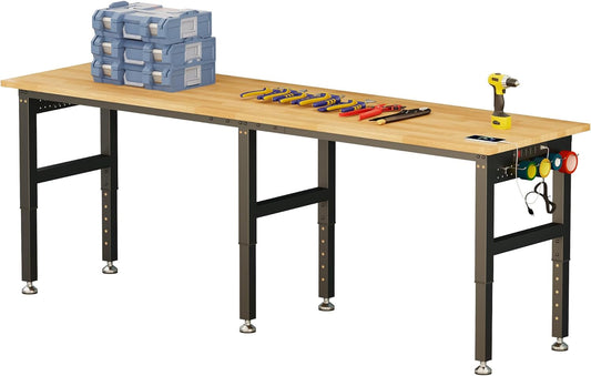 SPECRAFT 96“ Adjustable Heavy Duty Workbench with 4 AC Outlet and 2 USB Ports Power Outlets, 6000 Lbs Capacity, Rubber Wood Top for Garage, Workshop, Office