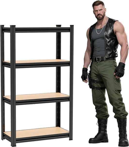 Wooden Garage Shelving, 4-Tier Storage Shelves, Double-Layer Uprights, Thickened Shelves, Waterproof &Rustproof, Suitable for Garage, Kitchen, Living Room. （24''W*12''D*46''H