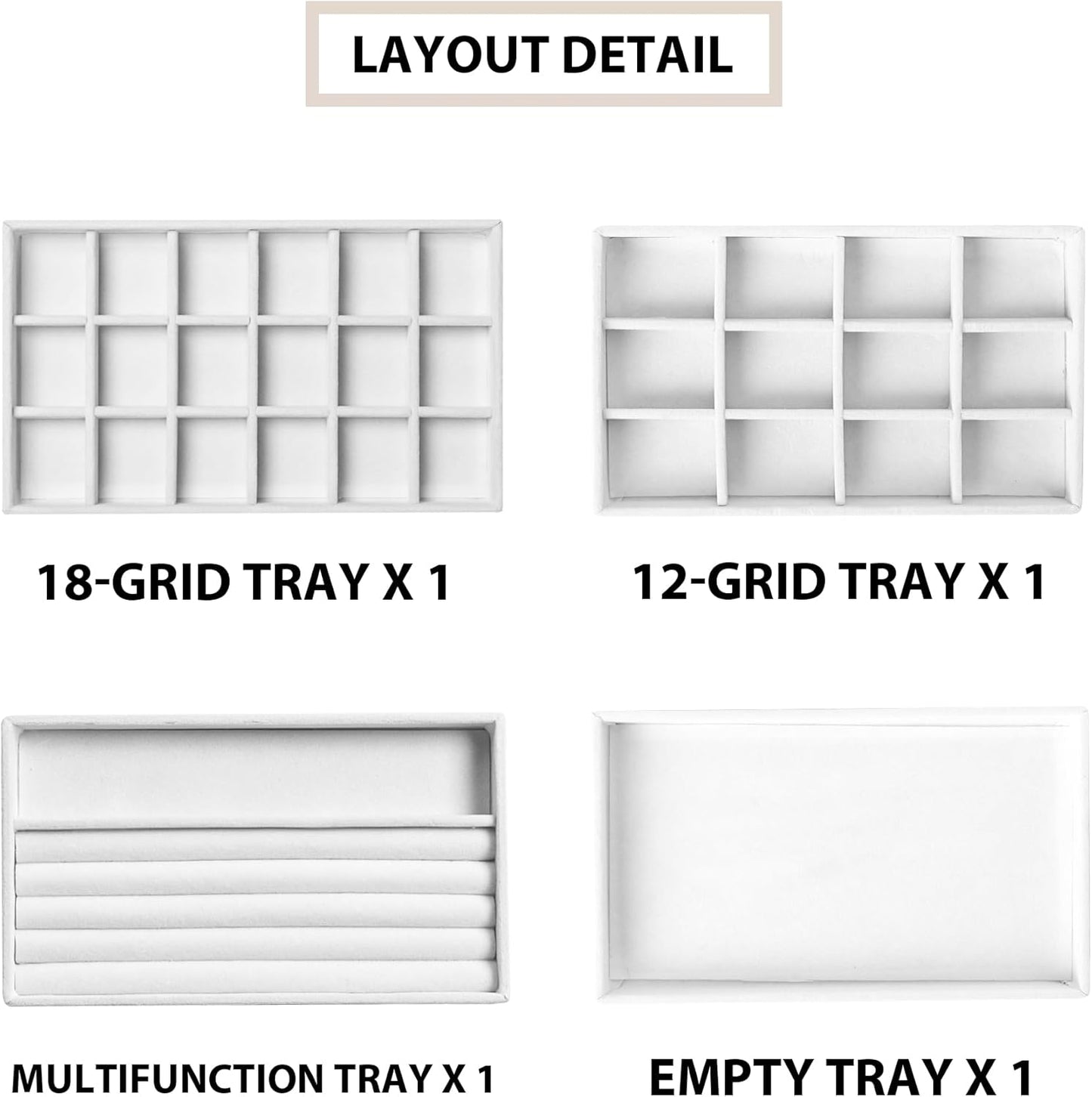Frebeauty Jewelry Organizer Tray,Stackable Velvet Jewelry Trays,Drawer Inserts Earring Organizer For Women Jewelry Storage Display Case for Rings Stud Necklaces,Set of 4(White)
