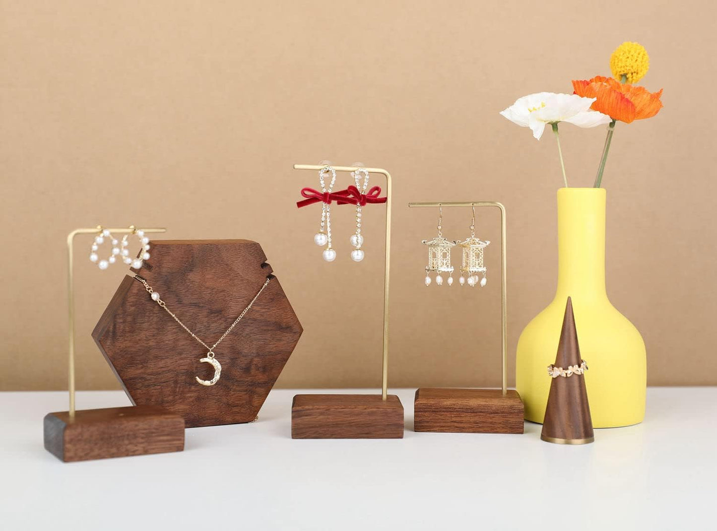 GemeShou 3pcs walnut wooden dangle earring stand holder, hoop earring displays for selling jewelry, mini brass hanger【Walnut Stand set-3pcs】