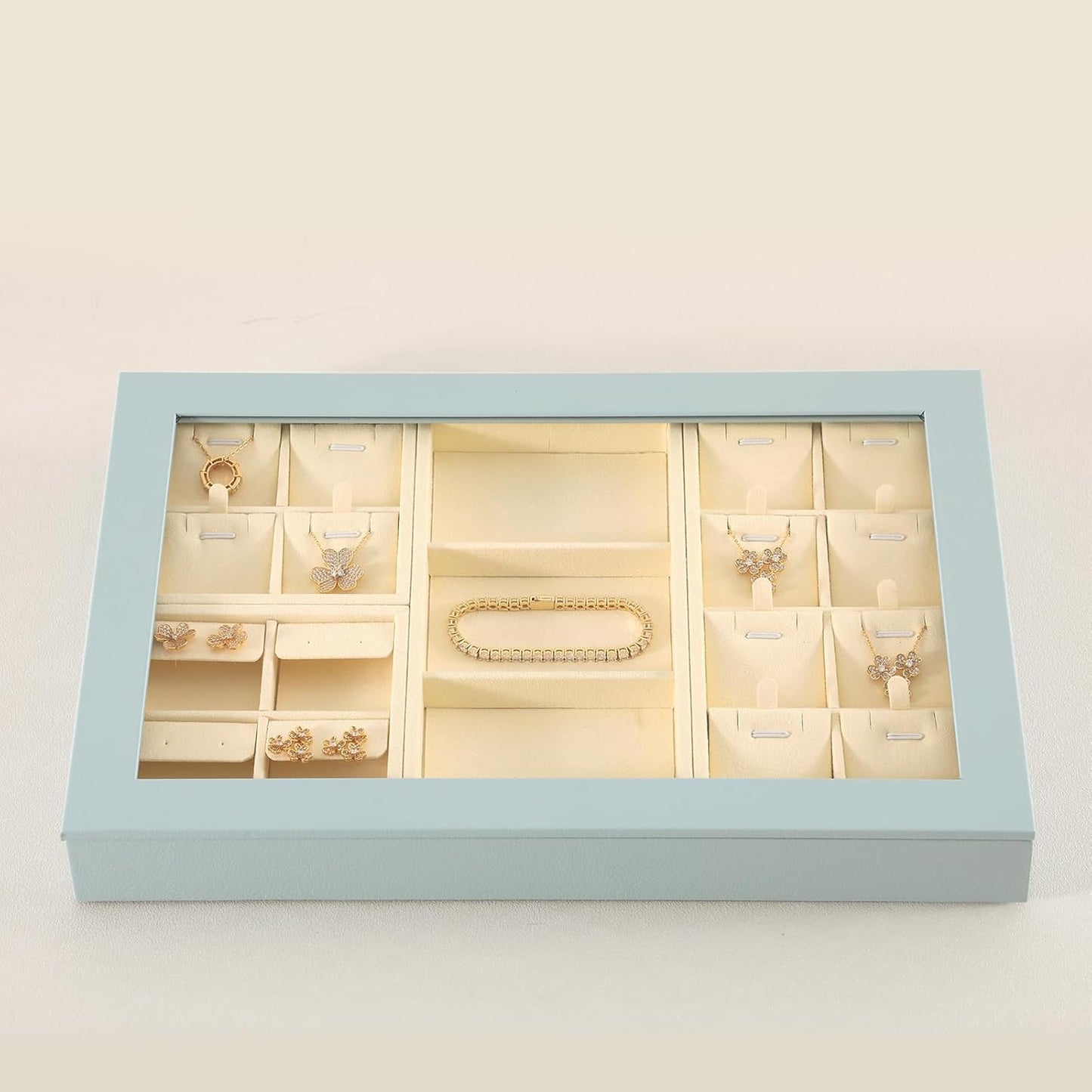 Dark Blue Jewelry Display Tray Ring Necklace Earring Bangle Organizer Multifunctional Storage Case for Jewelry Showcase (Long 3 Grids Tray(beige))