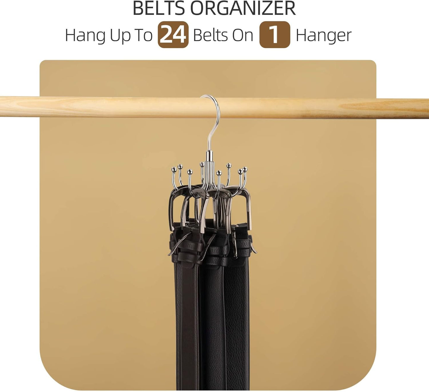ZEDODIER Belt Hanger, Rotatable Belt Rack Closet Accessories Organizer, Maximum 24 Storage Capacity, Hanging Holder Storage Hook for Belt, Bra, Tank Top, Tie, Scarf, Purse, Silver