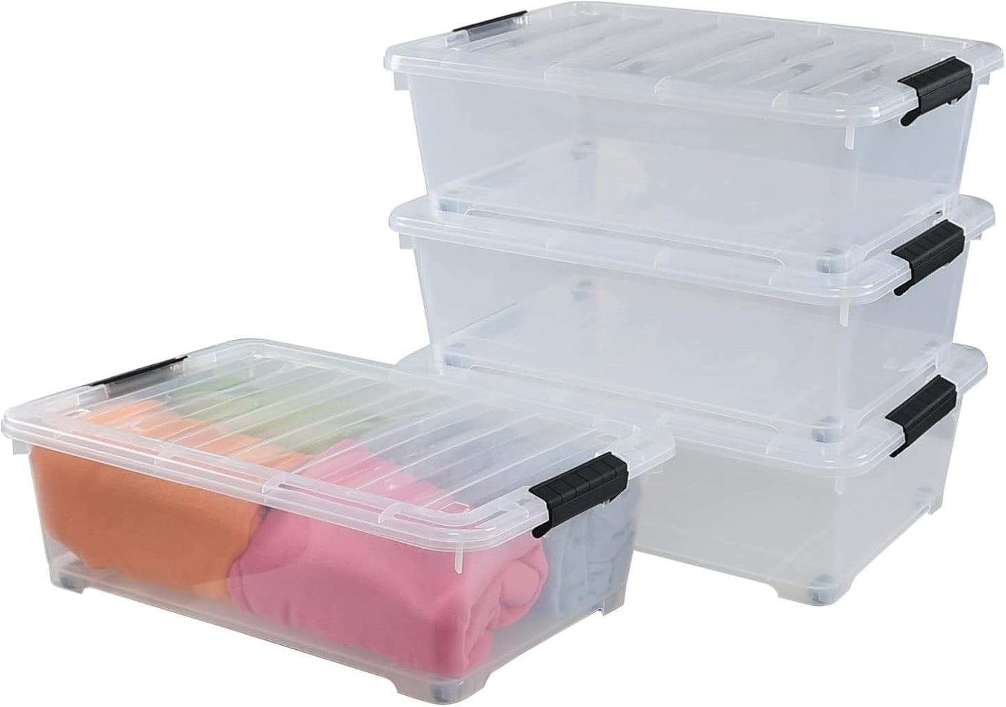 Xyskin 4 Packs 20 Quart Plastic Under Bed Storage Box, Clear Stackable Container Bins for Clothes, Blankets, Winter Clothing, & Shoes