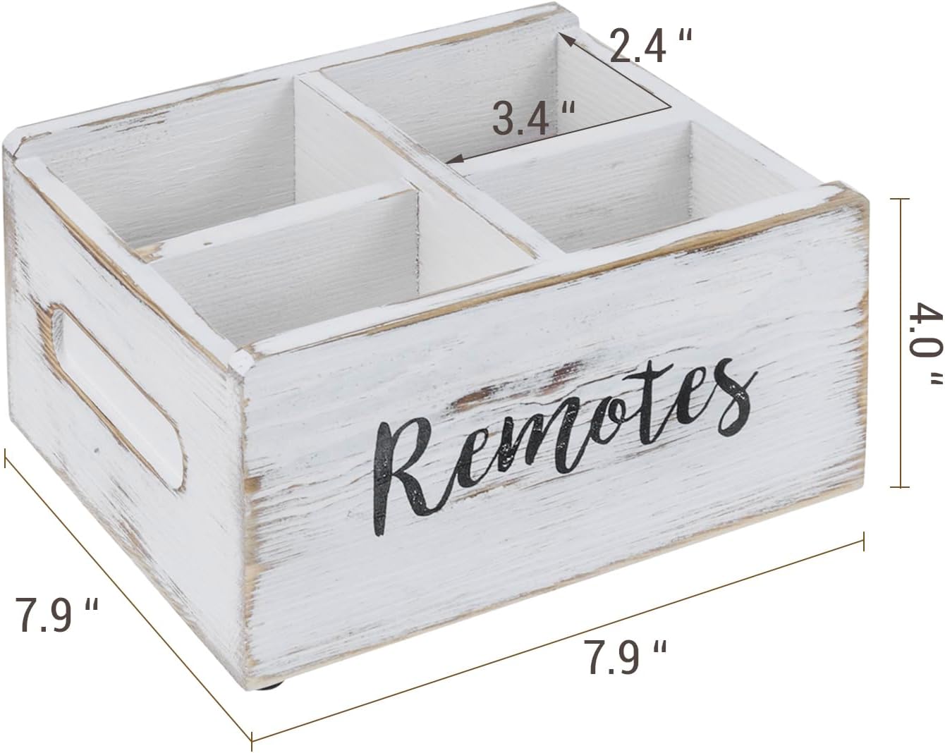 MyGift Wood Remote Control Holder Organizer with 4 Compartments, Media Remote Caddy Storage with Cursive REMOTES Design, Whitewashed