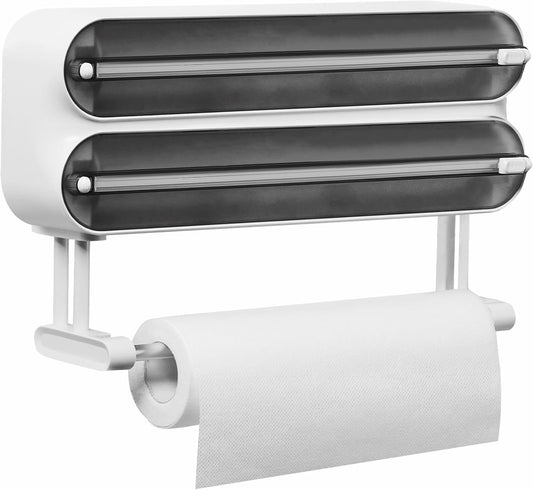 Magnetic Plastic Wrap Dispenser with Cutter - Refillable Tin Foil and Plastic Wrap Organizer for Kitchen, Aluminum Foil Dispenser with Paper Towel Holder Wall Mount - Fits 12" Roll, White