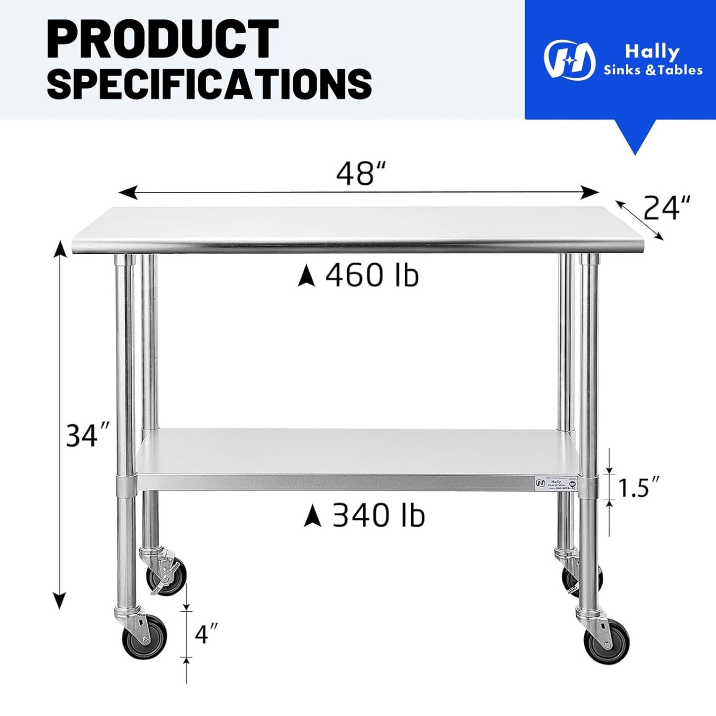 Hally Stainless Steel Table for Prep & Work 24 x 48 Inches with Caster Wheels, NSF Commercial Heavy Duty Table with Undershelf and Galvanized Legs for Restaurant, Home and Hotel