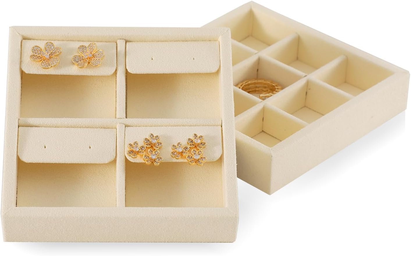 Dark Blue Jewelry Display Tray Ring Necklace Earring Bangle Organizer Multifunctional Storage Case for Jewelry Showcase (Small 4 Grids Earrings Tray(beige))