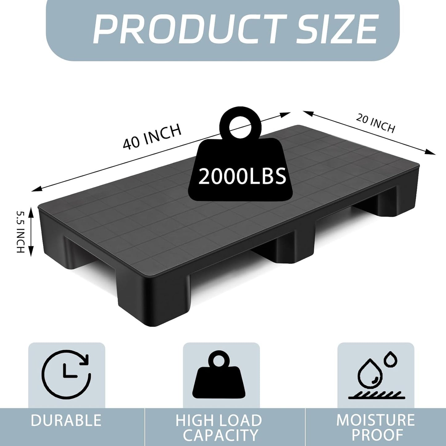 4 Pcs Plastic Pallet for Basement Storage Easy Stack Lightweight Floor Pallet Display Flooring Room Supermarket Christmas, Support up to 2000 Lbs (40'' L X 20'' W X 5.5'' H,Black)