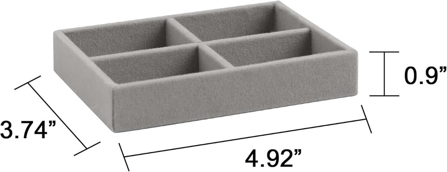 Frebeauty Small Jewelry Tray Set,Stackable Velvet Jewelry Organizer Tray,Mini Jewelry Drawer Organizer,Drawer Inserts,4.92 x 3.74 x 0.9 Inches,4 Grid Earring Organizer for Women(Set 2,Grey)