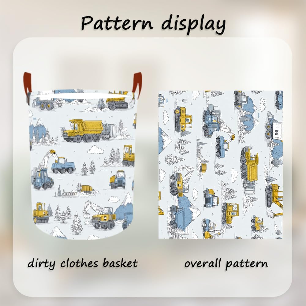 Laundry Baskets 15.7x19.7 Inch Construction Truck Mountain Scene Design Collapsible Laundry Hamper with Handles Oxford Fabric Clothes Storage Bin Foldable Dirty Clothes for Bedroom Bathroom Dorm