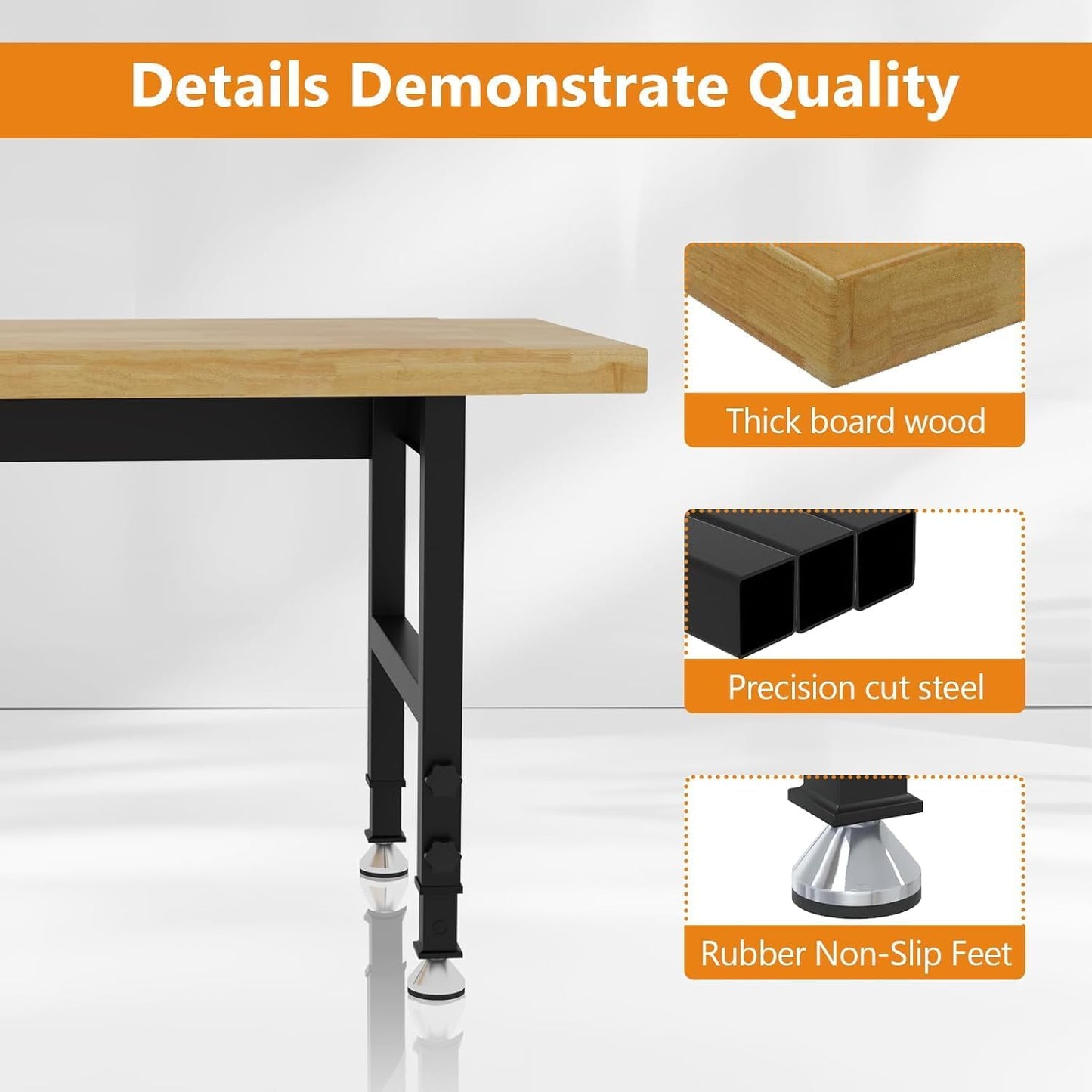 60" Adjustable Height Work Bench, Heavy-Duty Thicker Workbench, 2000 LBS Load Capacity Work Table for Garage, Workshop, Office, Home