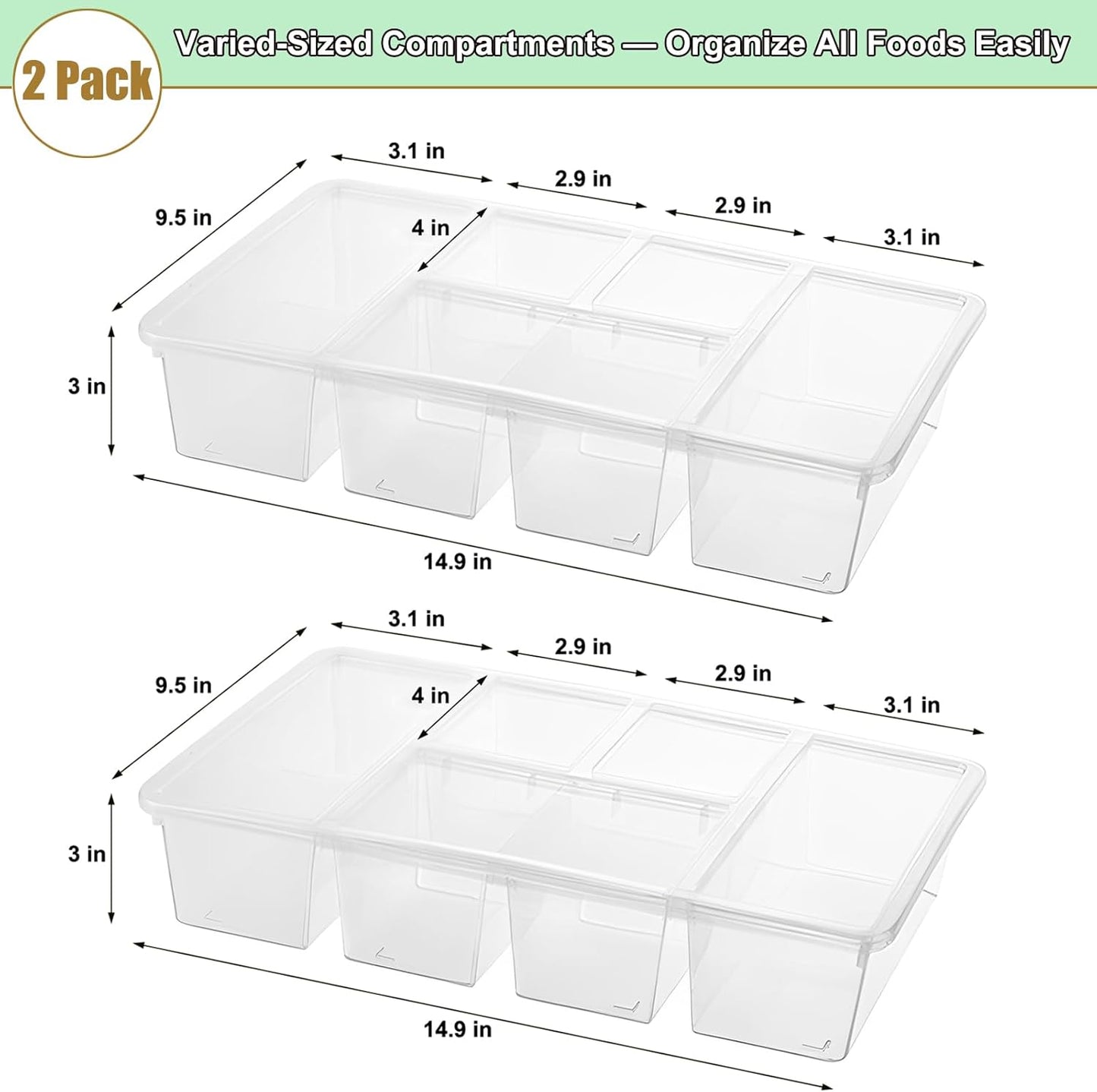 Taiuloo 2 Pack Divided Veggie Tray with Lid, Salad Bar Containers for Fridge Organizer, 5 Compartment Snackle Box Container, Clear Plastic Food Storage & Seving for Fruit, Vegetable, Snack, Meal Prep