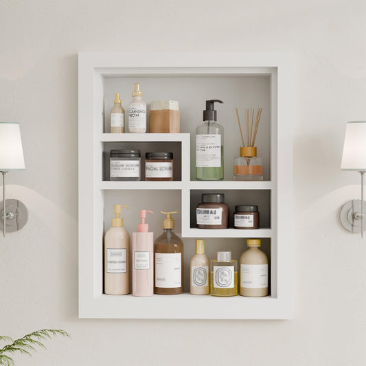 Solid Wood 14 X 18 Recessed Medicine Cabinet,2-Tier, Medicine Cabinet Organizer,Wall Niche, Bathroom Wall Cabinet, Recessed Bathroom Cabinet, Bathroom Cabinet with Storage White