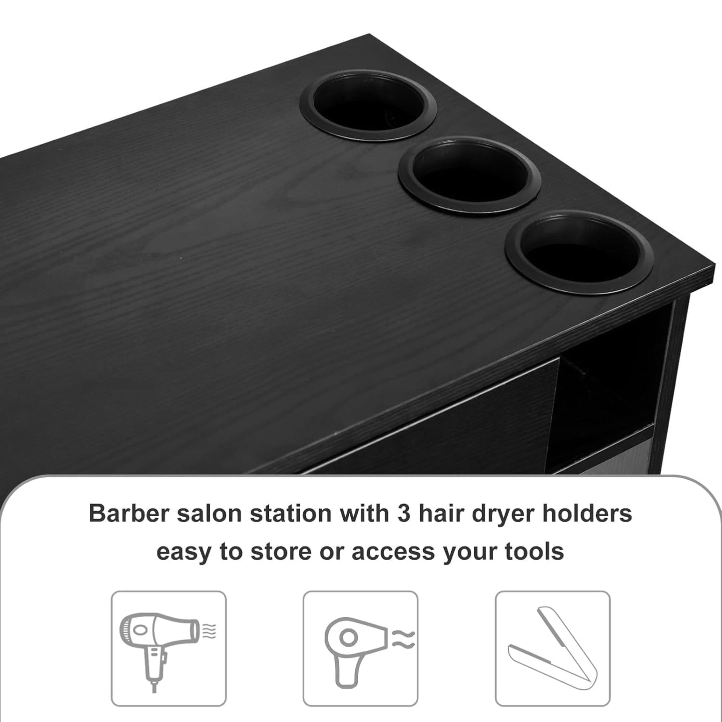 4ever2buy Barber Station for Hair Stylist, Salon Wall Station with Barber Cabinet, Hair Stations Equipment Hair Dryer Holder, Drawers, Wall Mount Barber Beauty Station, Mirror not Included, Black