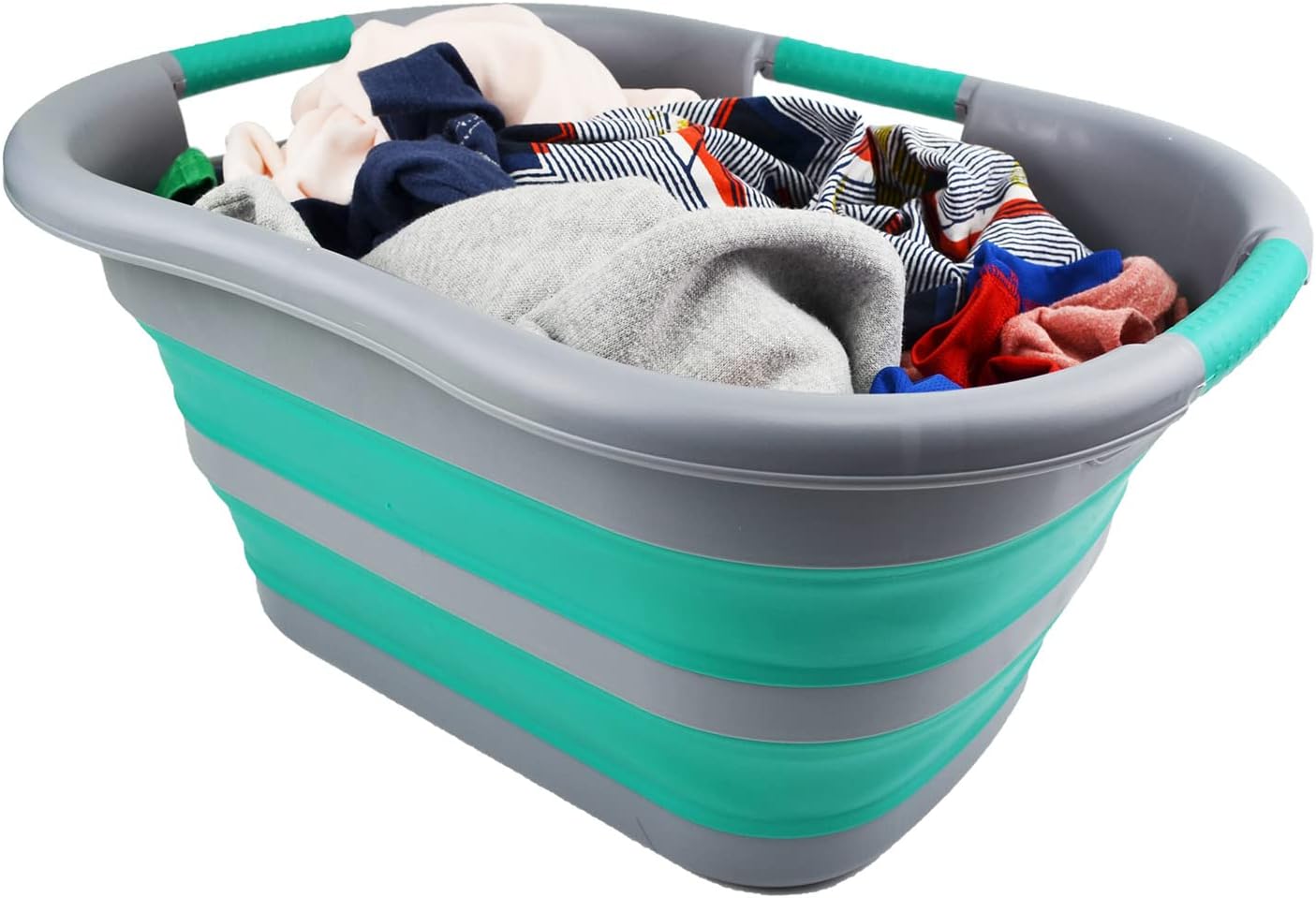 SAMMART 30L (7.9 gallon) Collapsible Plastic Laundry Basket - Foldable Pop Up Storage Container/Organizer - Portable Washing Tub - Space Saving Hamper/Basket (1, Dark Grey/Bluish-Green)
