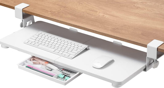 ETHU Keyboard Tray Under Desk, 26.77" X 11.81" Large Size Keyboard Tray with C Clamp-on Mount Easy to Install, Computer Keyboard Stand, Ergonomic Keyboard Tray for Home and Office(White)