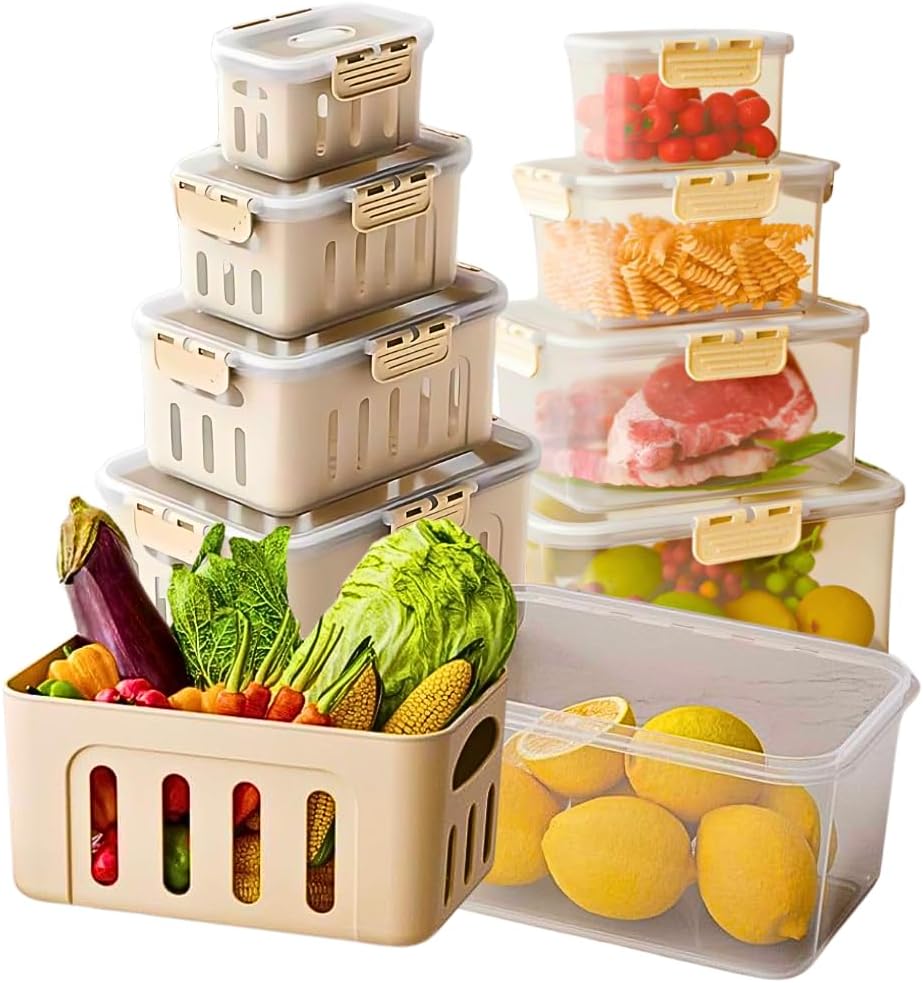 5-Pack Fruit Containers for Fridge Keep Fresh – Airtight Food Containers with Lids, Produce Saver with Removable Colander, Fridge Organizers, Microwave & Dishwasher Safe (Cream)