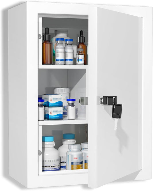 Wall-Mount Locking Medicine Cabinet: Large Metal Storage Organizer Box with Key Lock - First Aid Medicine Cabinet 3 Compartment Design for Bathroom Home Office (15.75" H x 11.82" W x 4.72" D)