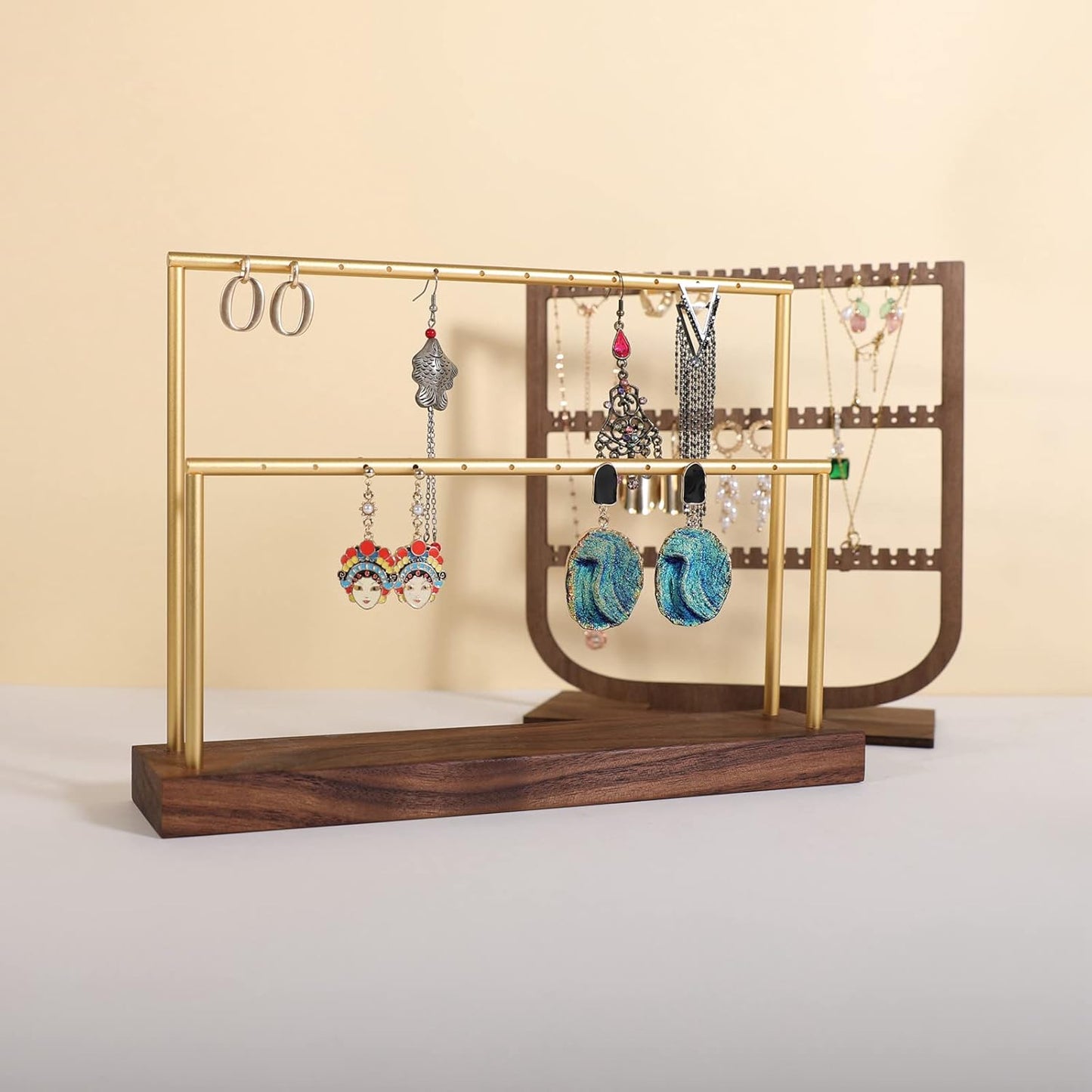GemeShou wooden earring holder organizer for girls, walnut stud earring display stand for boutique store, jewelry storage organizer shelf【Walnut stand-Two Tiers】