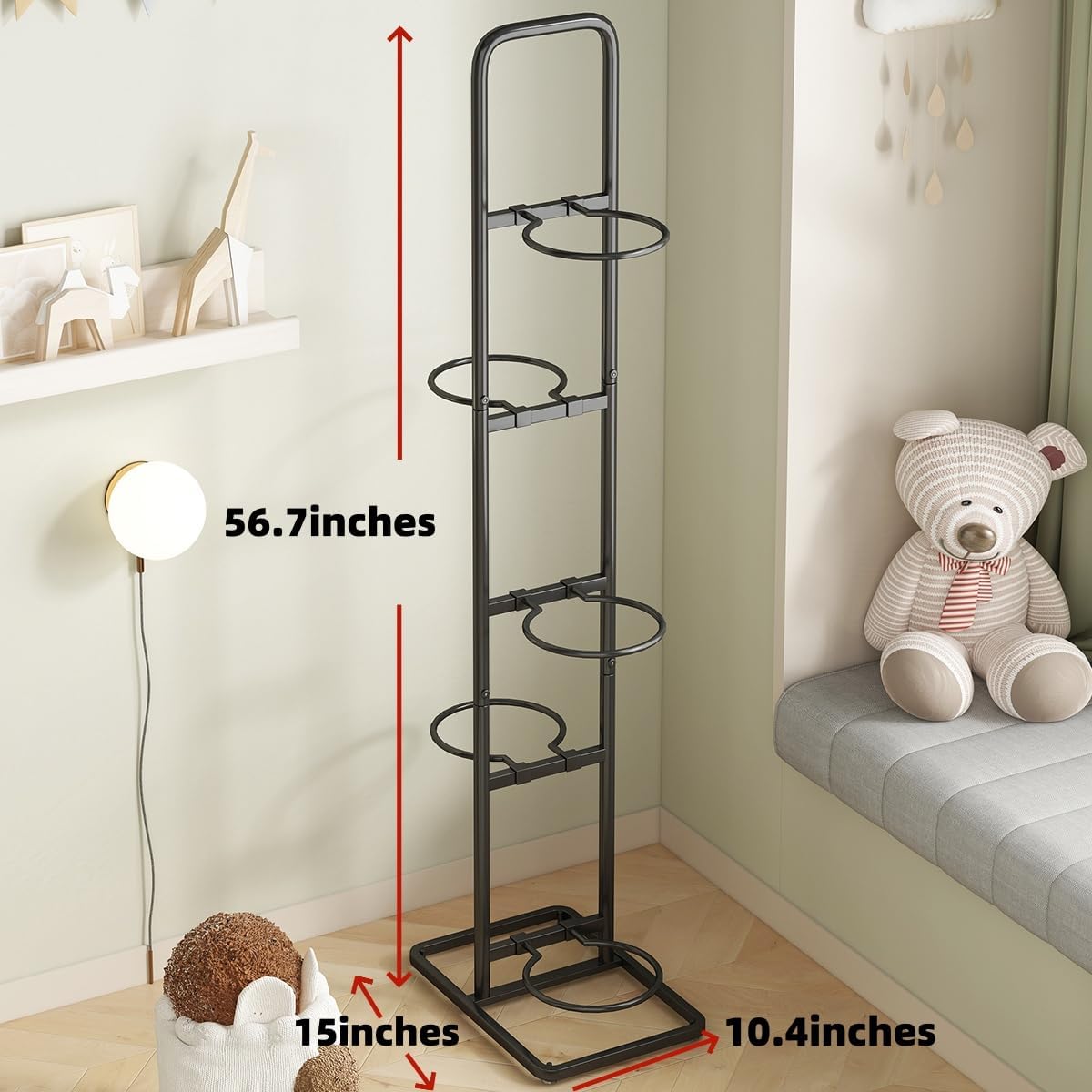 Vertical Ball Rack -basketball rack- Durable Carbon Steel Storage for Basketball, Soccer, Volleyball, and More - Easy to Assemble, Waterproof, Sturdy - 56.7" H