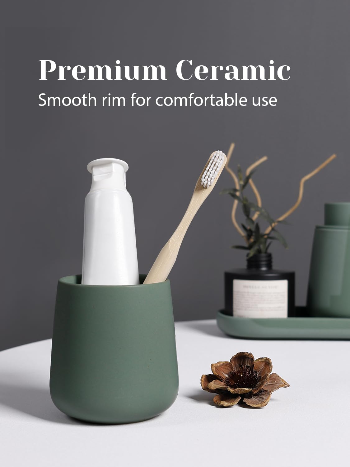 INGOFIN 3 Pcs Ceramic Bathroom Accessory Set - Foam Soap Dispenser, Toothbrush Holder & Tray, Bathroom Counter Set, Countertop Essentials for Home, Guest Bathroom, or Office Use, Matte Green