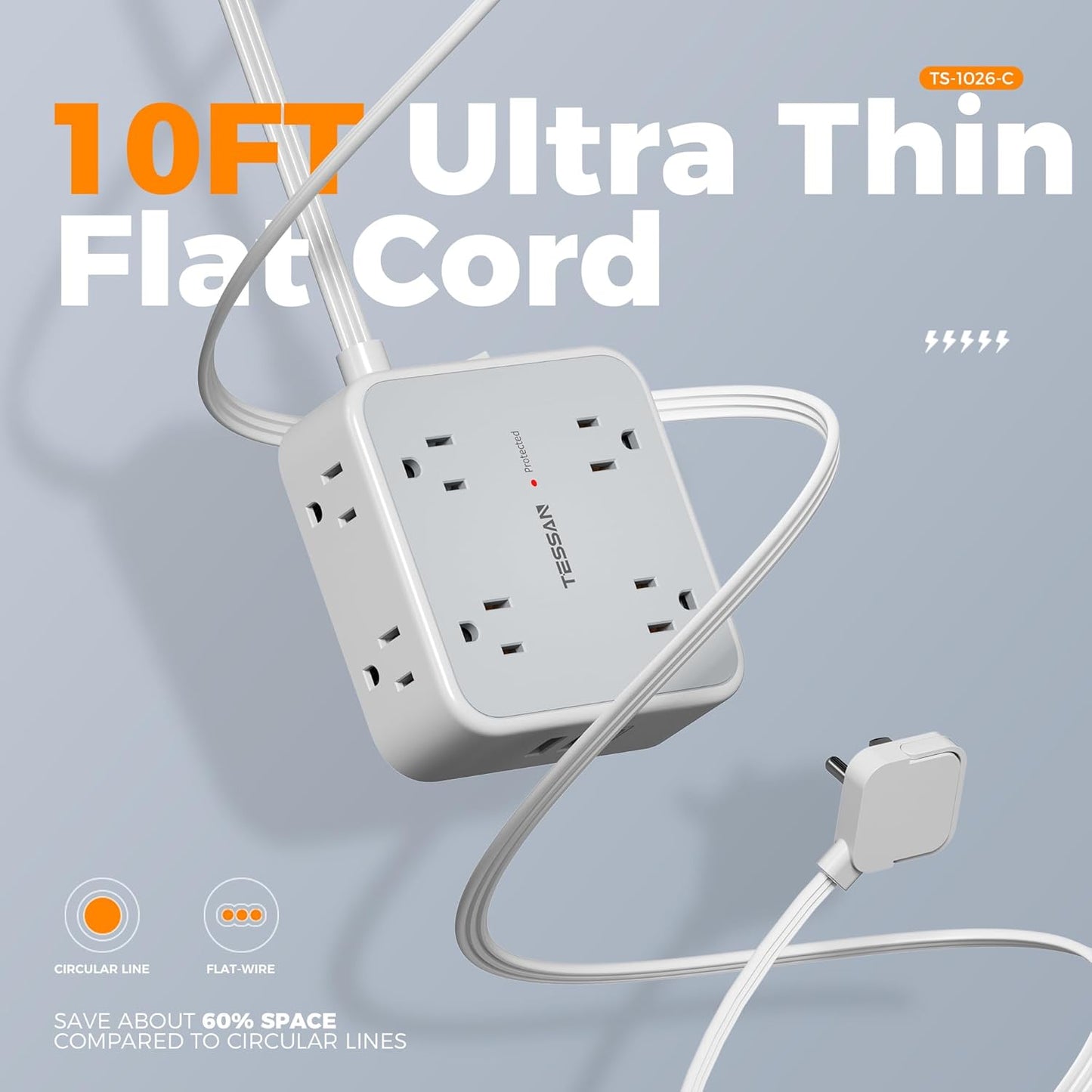 TESSAN Surge Protector Power Strip Flat Plug, Long Extension Cord 10 FT with 8 Outlets, 3 USB Ports(1 USB C), 3-Sided Outlet Extender, 900 Joules Protection, Desk Charging Station for Home, Office