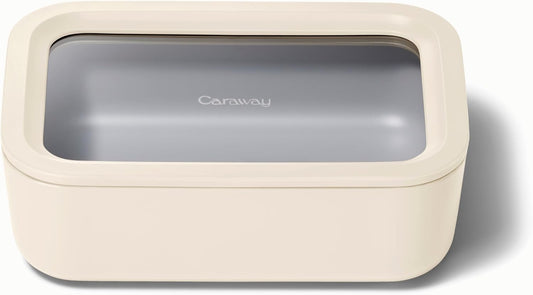 Caraway Glass Food Storage - 6.6 Cup Glass Container - Ceramic Coated Food Container - Non Stick Lunch Box Container with Lids - Dishwasher, Oven, & Microwave Safe - Cream