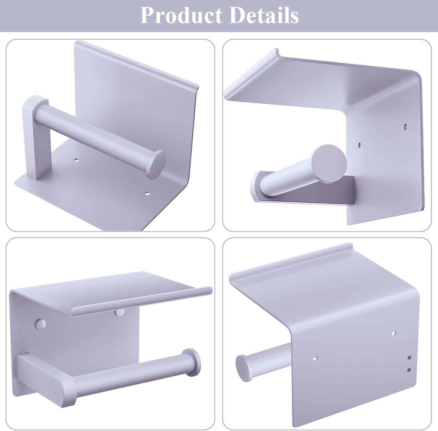 Tindbea Toilet Paper Holder with Shelf Adhesive or Screw Wall Mounted Toilet Paper Roll Dispenser Storage, Stainless Steel Bathroom Shelf Holder Accessories (Lavender Purple)