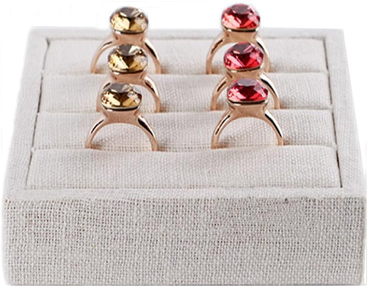 Oirlv linen 3 Slots Ring Earrings Display Trays Showcase Jewelry Organizer (creamy-white,square)