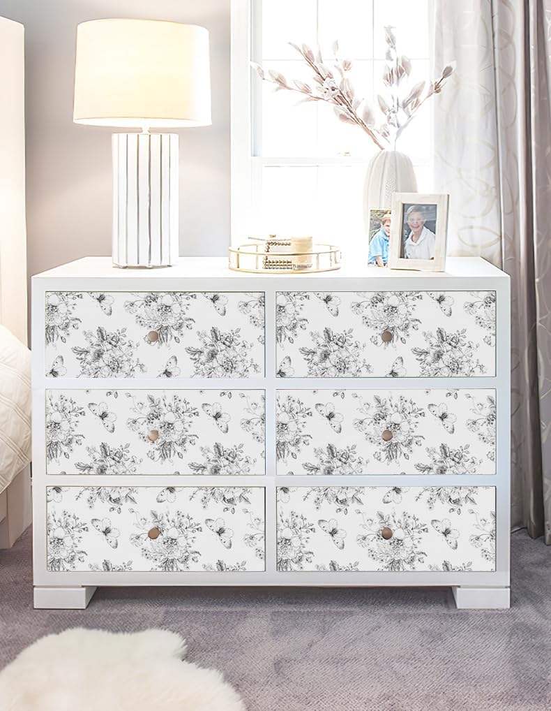 17.7In X 197In Self Adhesive Shelf Liner for Kitchen Bedroom Cabinets Dresser Drawer Liner Floral and Butterfly Waterproof Vinyl Rolls