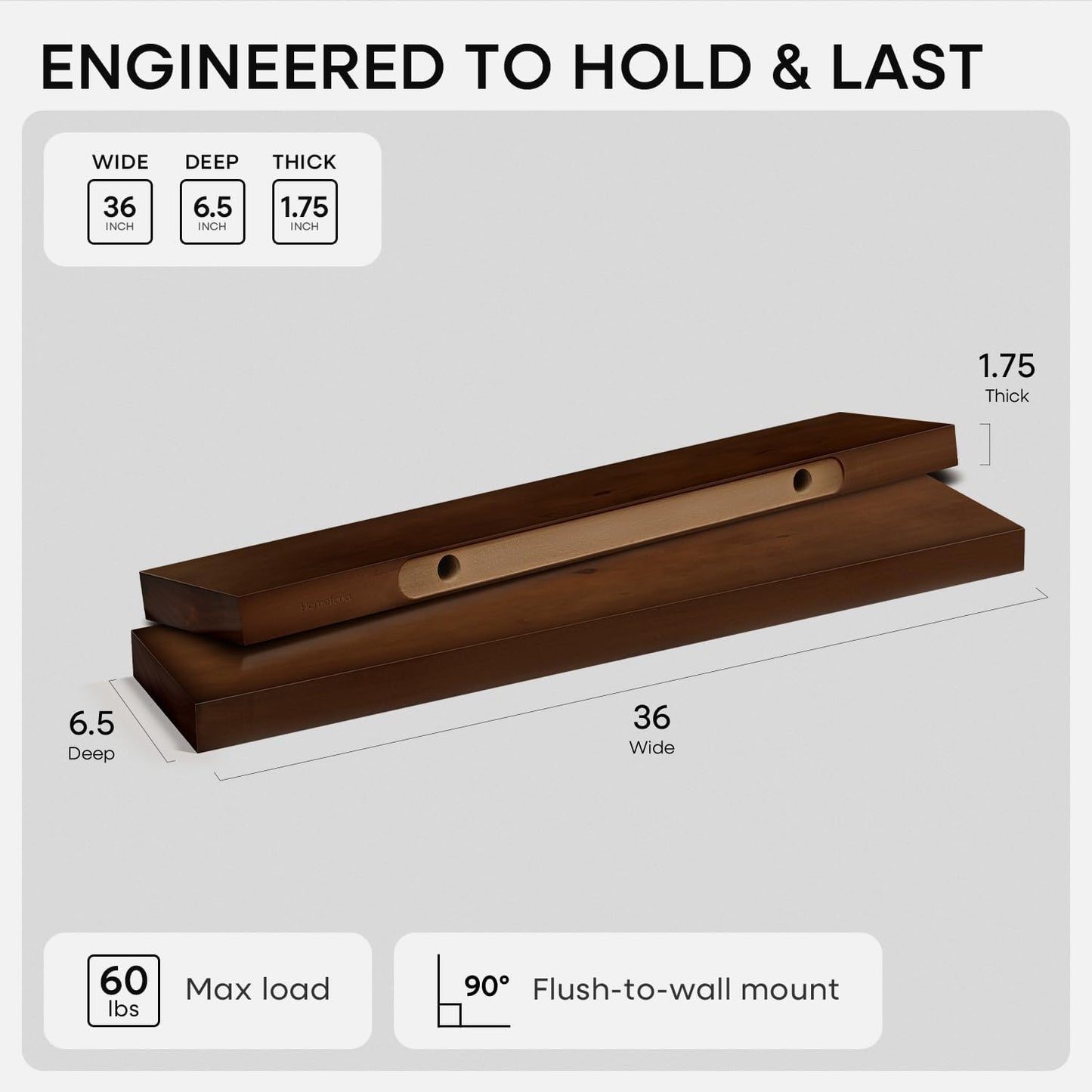Homeforia Walnut 36 inch Floating Shelf, High End Solid Real Wood 36inch Large Shelves for Bathroom Wall, Dark Brown 36 inches Long Floating Shelves, Heavy Duty Bracket, 36 X 6.5 X 1.75 inch, Set of 3
