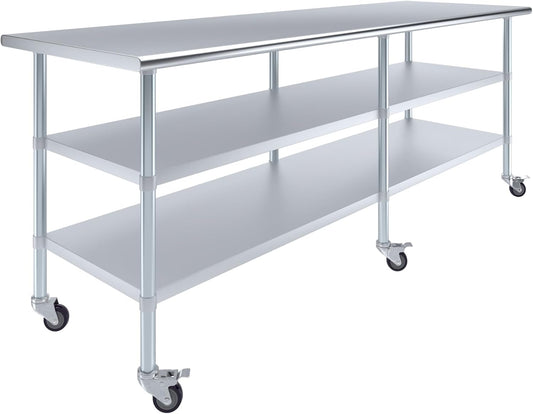 AmGood Stainless Steel Work Table with 2 Shelves and Casters | Metal Utility Table On Wheels (Stainless Steel, 96" Long x 30" Deep)