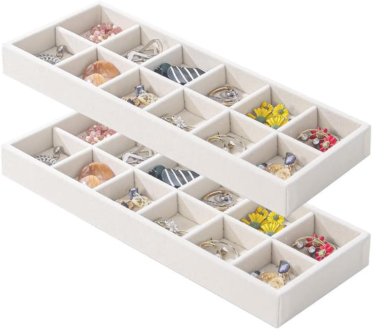 2Pcs Desk Drawer Storage Tray, Nightstand Organizer Tray, Necklace Bracelet Ring Earring Jewelry Display Tray, Grid Table Organizer Holder Tray for Sunglass, Phone, Watch, Perfume (12 grid)/Beige