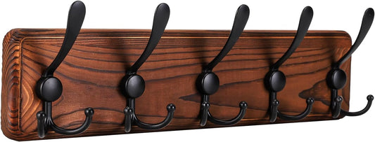 Kruodop Large Coat Rack Wall Mount Coat Hooks Coat Hanger with 5 Metal Black Triple- Hooks Brown Pine Real Wood Plank Hat Rack for Wall Hooks for Hanging Coat Hat Jacket
