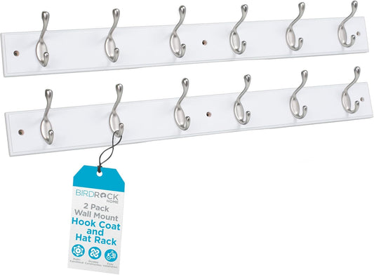 BIRDROCK HOME Oval Hook Coat and Hat Rack | 6 Hooks | 2 Pack | White Finish | Wall Mount | Satin Nickel Hooks