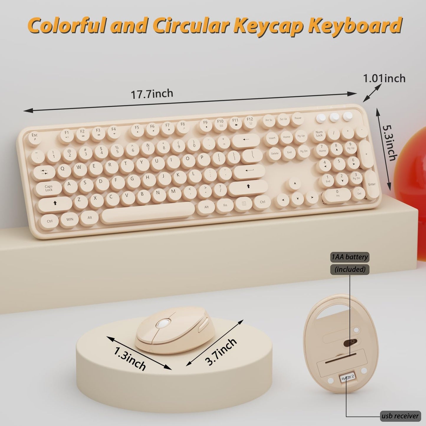 Kootop Wireless Keyboard and Mouse Combo, Cute Colorful 104 Keys Typewriter Retro Round Keycaps Keyboard for PC Laptop,Desktop,Windows, Home and Office Keyboards Coffee