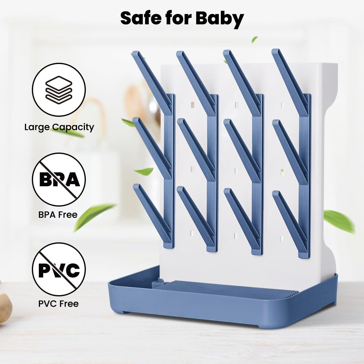 Baby Bottle Drying Rack: Vertical Space Saving Large Bottles Holder - Standing Boon Dryer Rack Baby Accessory - Countertop Holds Up to 12 Bottles & Pump Part Cleaning & Cup (Blue) (Blue)