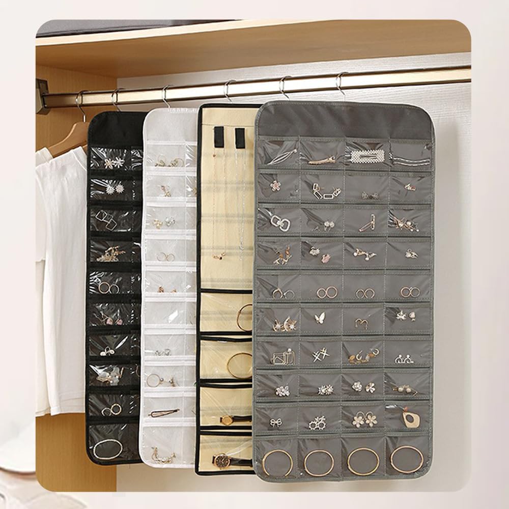 Hanging Jewelry Organizer Storage Earring Jewelry Storage Bag With 48 Pockets Necklace Bracelet Ring Glasses Accessory Display Rack (B80-Black)