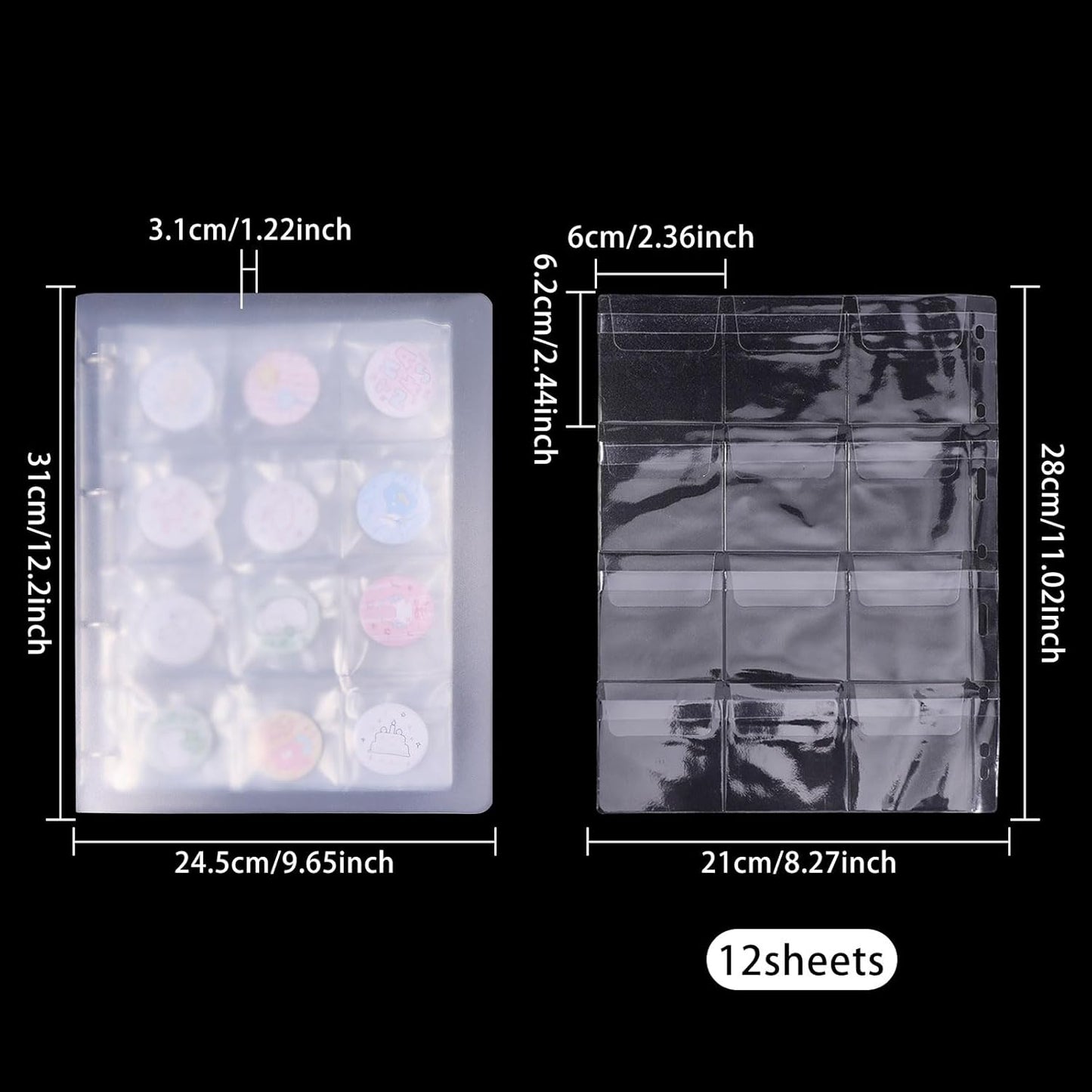 FREEBLOSS 144 Pocket Buttons Badge Pin Storage Book Transparent PVC Button Pins Display Album 12 Sheet Pin Pocket Pages Ring Binder Collection Holder for Pins Collection Display
