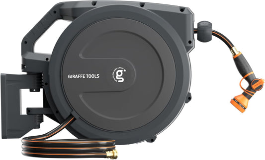 Giraffe Tools AW30 Wall Mounted 1/2" x 100 ft Garden Hose Reel, Retractable Water Hose Reel, Automatic Rewind & Lock at Any Length