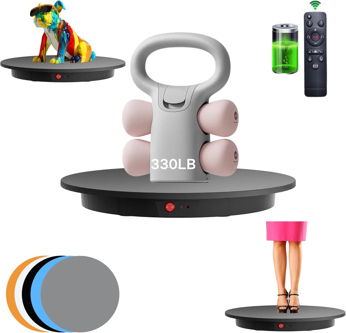 JAYEGT Motorized Rotating Display Stand ,330 Lbs Load ，360 Degree Electric Rotating Photography Turntable For Products Display，Video Show, Outdoor Show，Remote Control+5 Colors Backgrounds(Black / 16.5inch / Rechargeable)