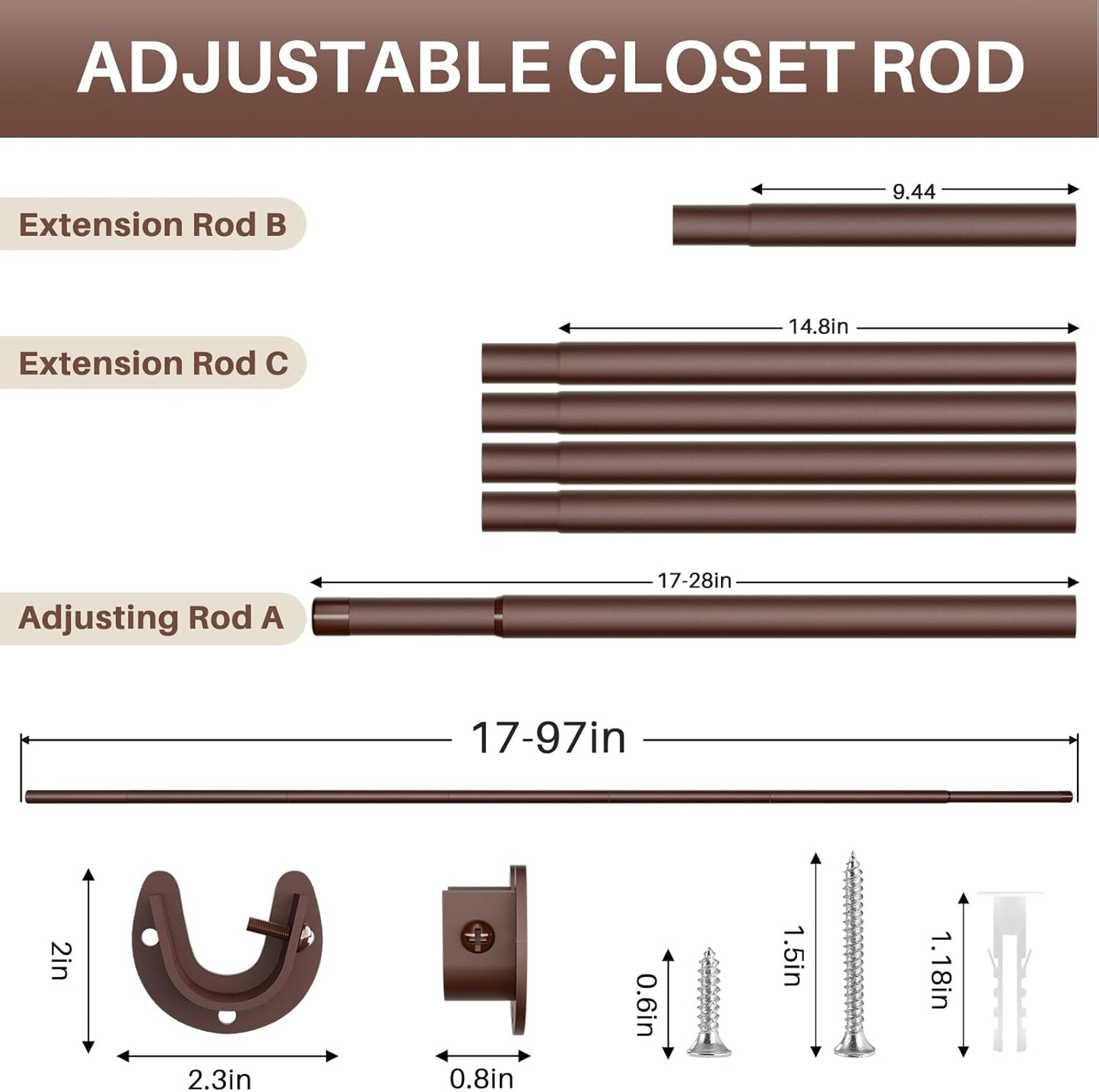 Closet Rod - Closet Rods for Hanging Clothes, 17 to 97 inch Adjustable Closet Hanging Rod, Heavy Duty Clothes Rod Clothing Bar, Closet Poles for Hanging Clothes for Wardrobes, Shower Curtain