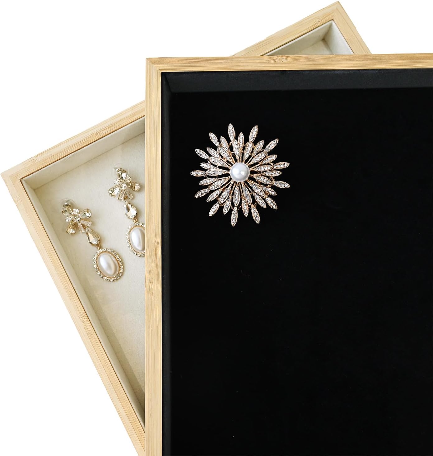 MOOCA 2 Pcs Bamboo Jewelry Display Tray, Presentation Tray, Organizer for Rings, Necklaces, Earrings, and Accessories, Black Color, 14" W x 9.6" D x 1.2" H