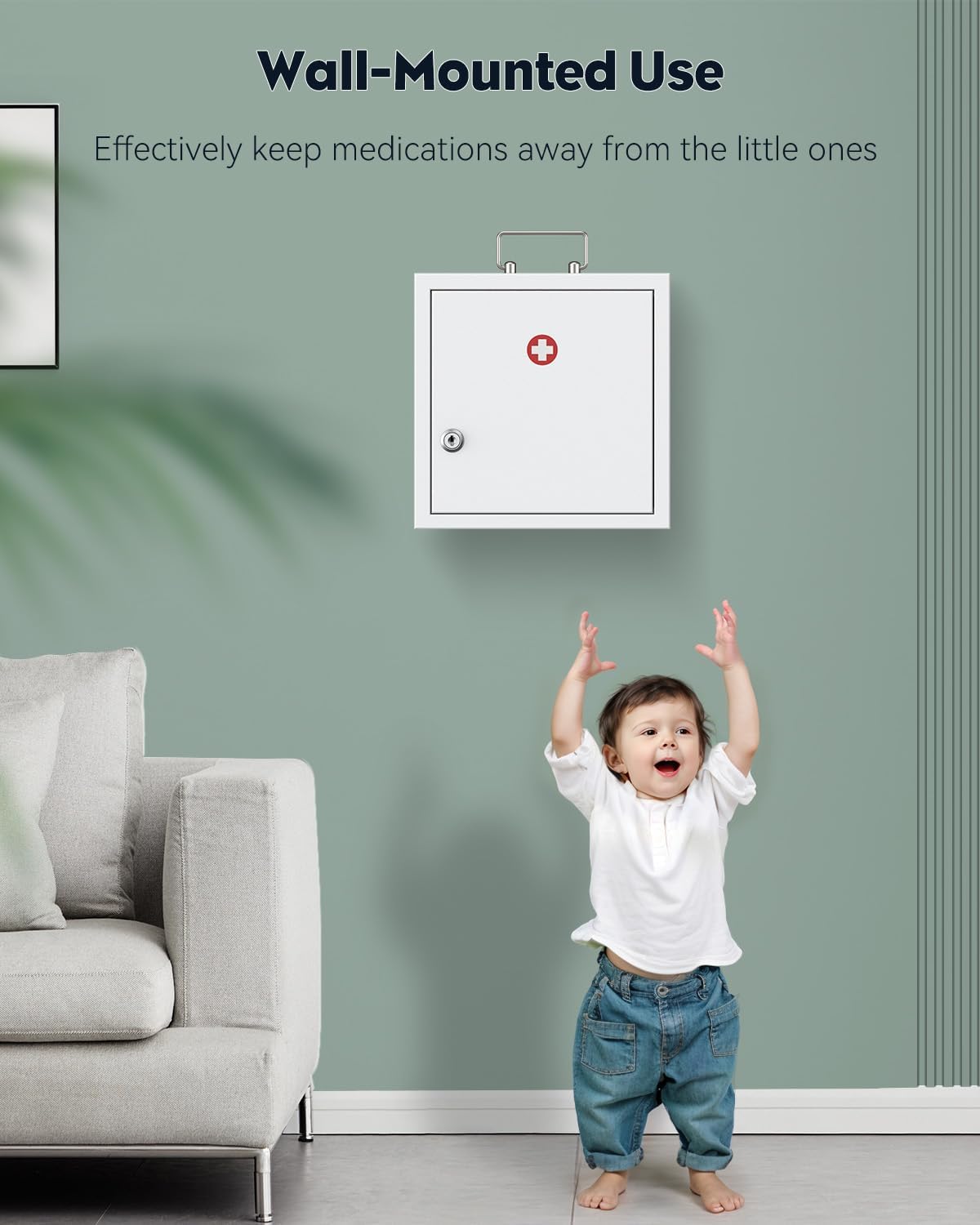 Uniclife Wall Mount Medicine Cabinet with Key Lock & Handle Locking First Aid Cabinet Lockable Medical Cabinet Medium Medicine Organizer Secure Steel Wall Cabinet Metal Storage Box, White