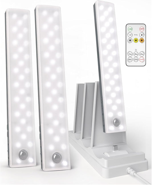 EZVALO 3-Pack Under Cabinet Lighting with Charging Station, 2000mAh Rechargeable Wireless Motion Sensor Lights, 3 Color Temps, Dimmable, Timer, Magnetic, with Remote Control for Kitchen, Closet