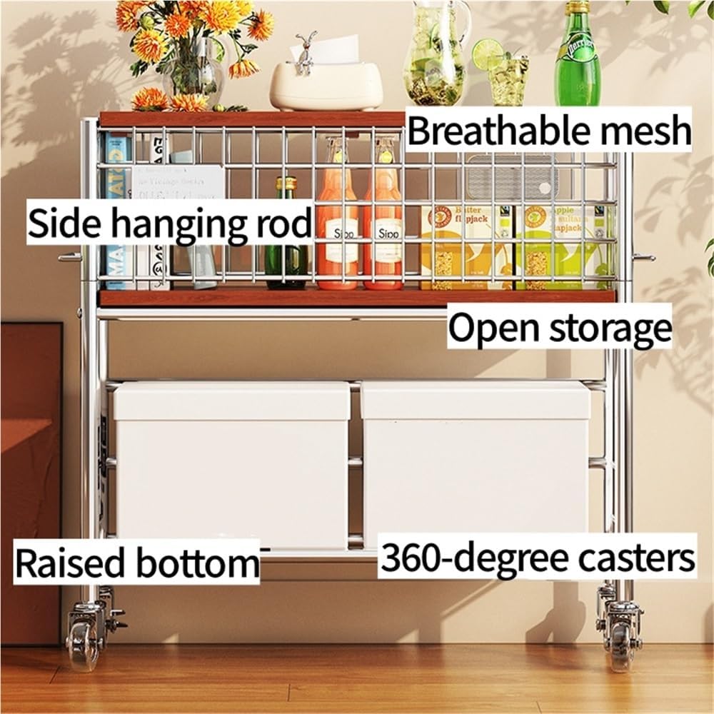 Slim Storage Cart with Wheels, 2 Tier Rolling Cart with Solid Wood Open Shelf, Space-Saving Snack Cart, Utility Cart for Kitchen, Bathroom, Living Room