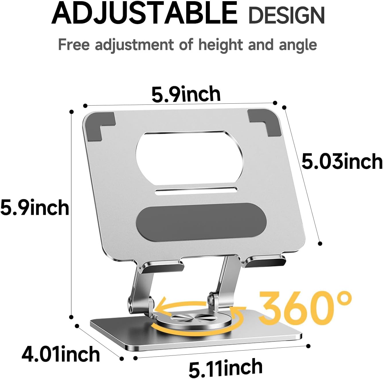 iPad Holder Stand, Tablet Holder with Thickened 360° Rotating Base Dual Rod Adjustable Aluminum Stand for All 4-12.9’’ iPad Surface Samsung Phone Tablet Kindle E-Reader and More, Silver