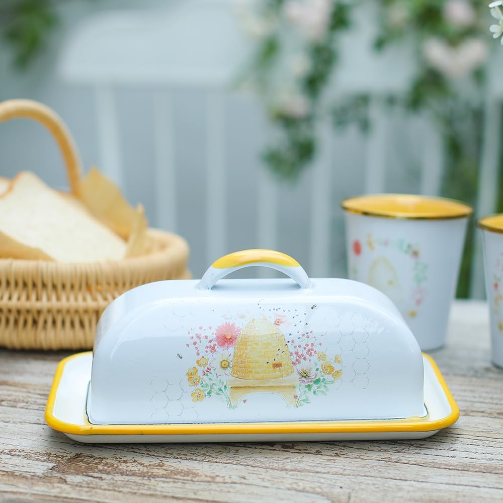 Enameled Farmhouse Vintage Butter Dish with Lid, 7.5 Inch Durable Kitchen Food Storage Container Rust-Resistant Refrigerator Safe,Vintage Decorative Design Kitchenware for Countertop