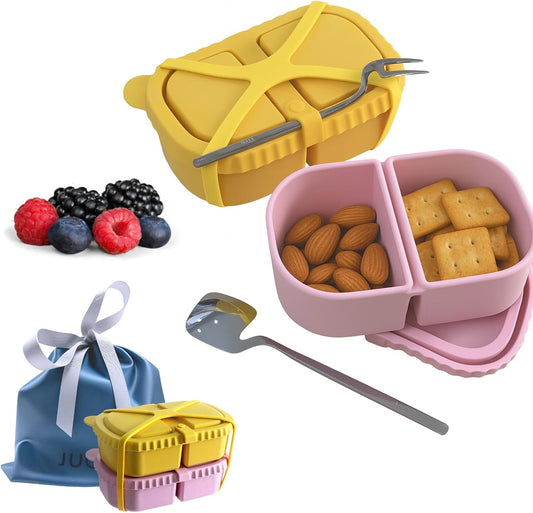 2 Pack Reusable Silicone Snack Containers with Lid, Strap, Spoon & Fork-2 Compartments Portable Mini Containers，Silicone Snack Storage Box for Picnic, Office, School(pink+orange)